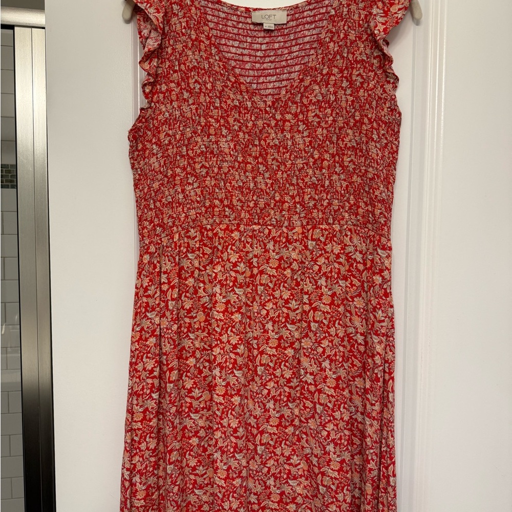 LOFT Red and White Ruffled Tiered Midi Sundress